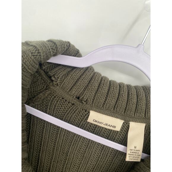 DKNY Long Olive Green Button Up Sweater Short Sleeve Collared Pockets Medium - Picture 4 of 9